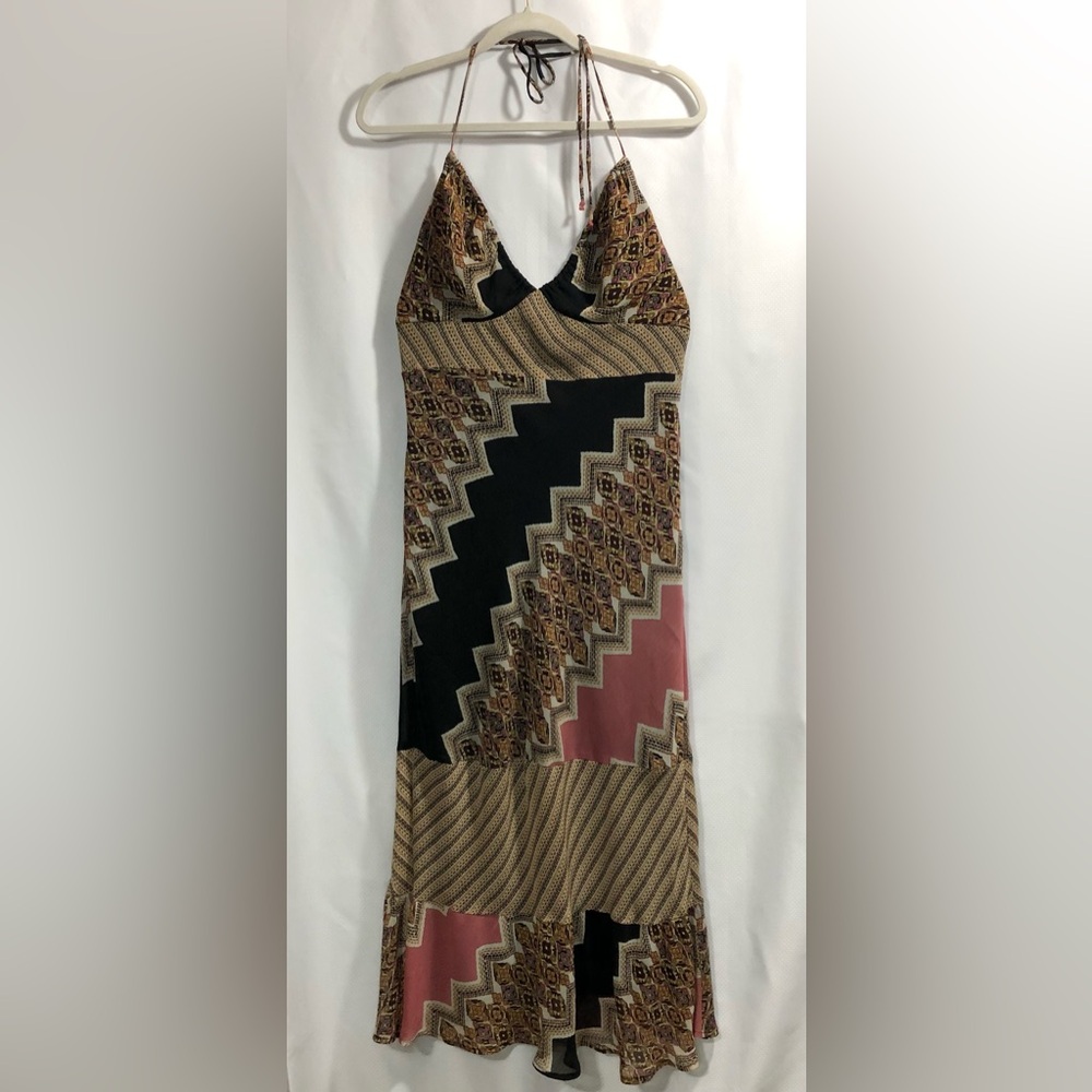 Bisou Bisou Women’s V-Neck Halter Tie-Neck Boho Maxi 90’s Belted Dress Size 14
